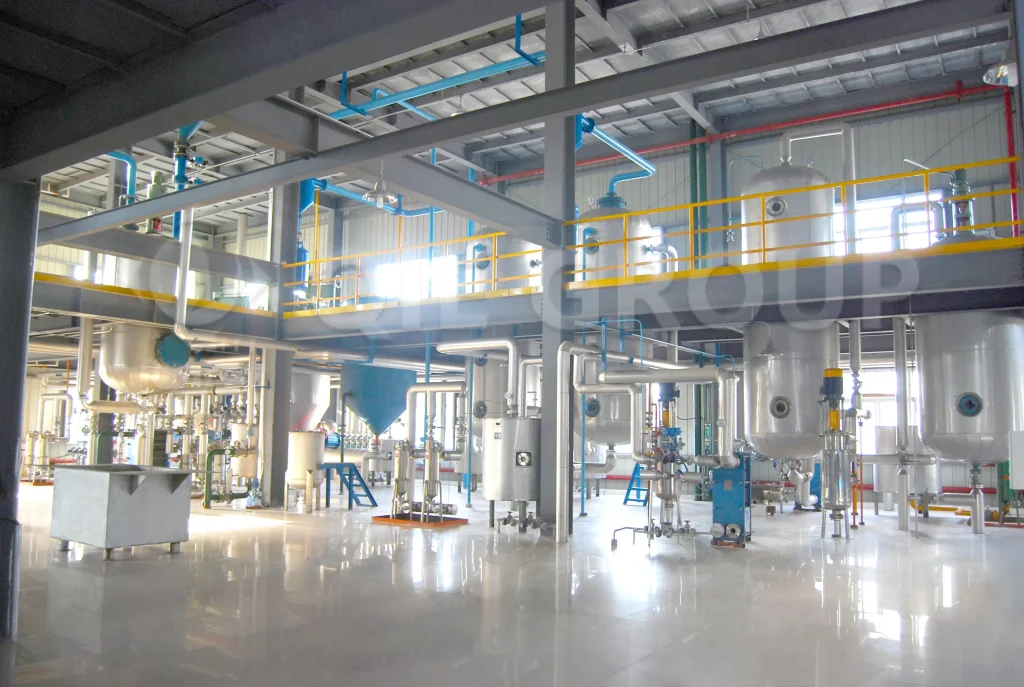 Edible oil refining equipment workshop showing full refining line
