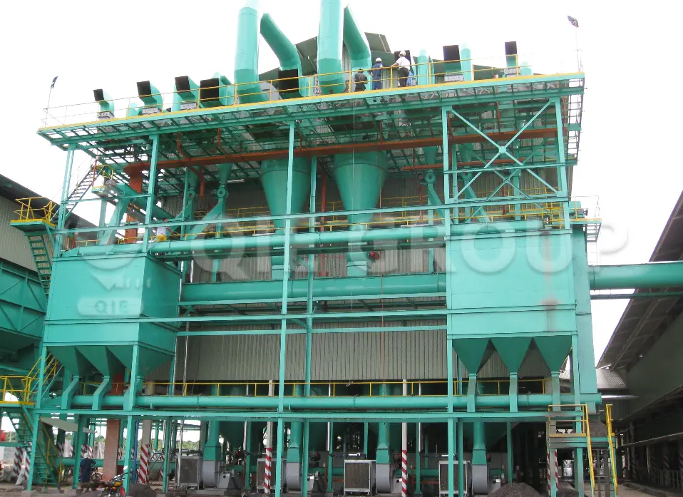 Palm oil processing workshop with sterilizer, press, and refining equipment