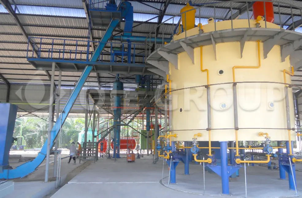 Horizontal Rotocel extractor operating in an edible oil solvent extraction plant for soybean, sunflower, and rapeseed oil production.